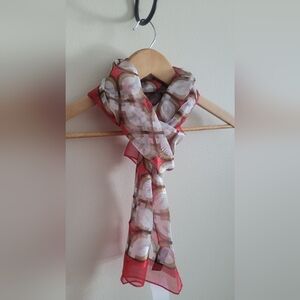 Silky Semi Sheer Patterned Scarf, Red, Cream & Tan